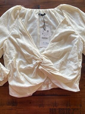 Zara Cream Twist-Front Puff Sleeve Blouse